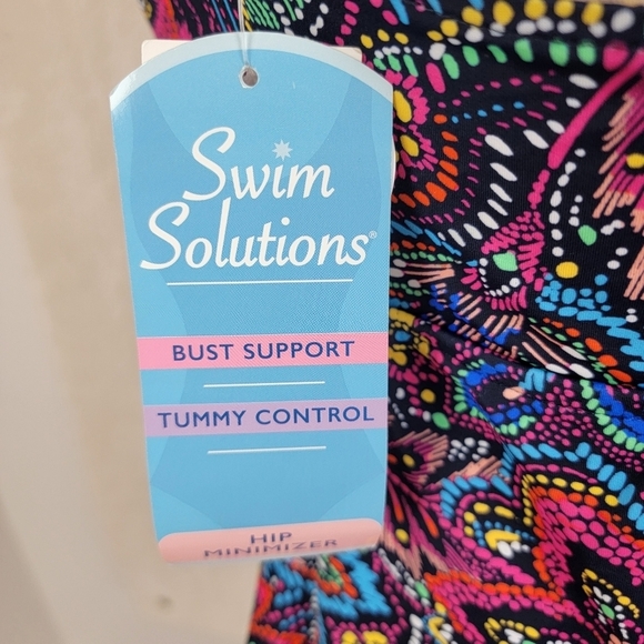 Swim Solutions Navy Multi Color Floral Tummy Control Tiered Swimsuit Sz10 D NEW - Picture 9 of 16